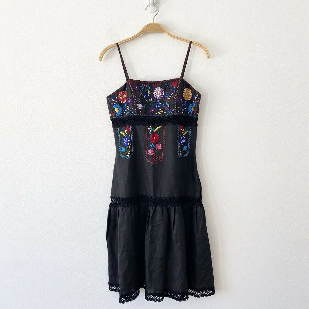 Sue Wong Floral Embroidered Linen Dress Size 4